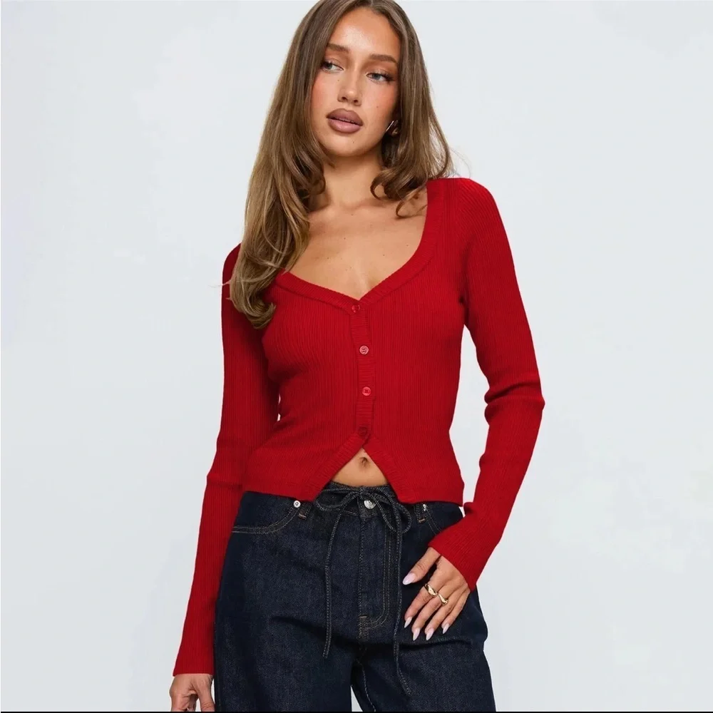 Red Ribbed Button-Up Cardigan - Picture 2 of 4